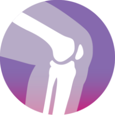 Icon of a bone structure of a bent knee inside a purple circle